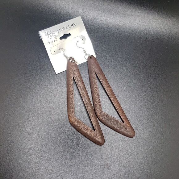 DARK Brown wood boho long Earrings - Picture 2 of 3